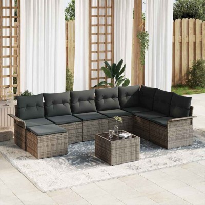 Conjunto de sofá de jardín con cojín 9 pcs Negro Poliratán