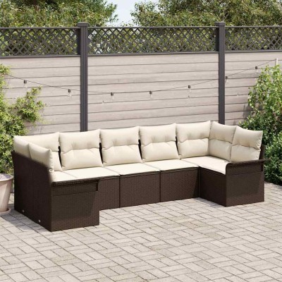 Conjunto de sofá de jardín con cojín 7 pcs Marrón Poliratán