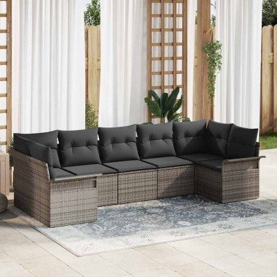 Conjunto de sofá de jardín con cojín 7 pcs Gris Poliratán