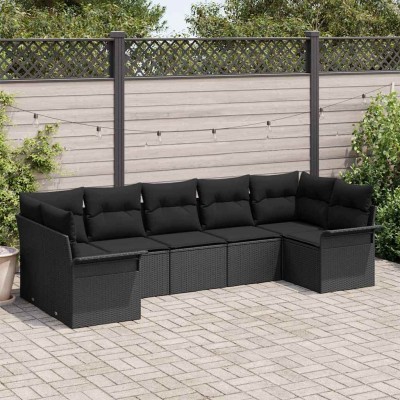 Conjunto de sofá de jardín con cojín 7 pcs Negro Poliratán