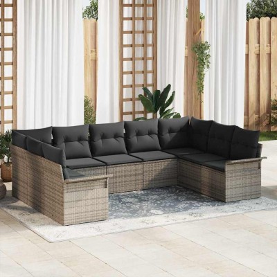 Conjunto de sofá de jardín con cojín 9 pcs Gris Poliratán