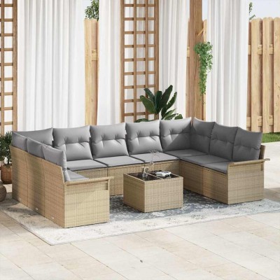 Conjunto de sofá de jardín con cojín 10 pcs Negro Poliratán