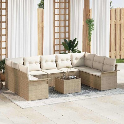 Conjunto de sofá de jardín con cojín 10 pcs Marrón Poliratán