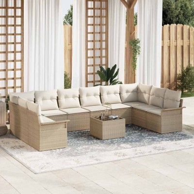 Conjunto de sofá de jardín con cojín 11 pcs Marrón Poliratán
