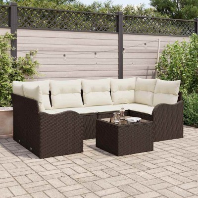 Conjunto de sofá de jardín 7 pcs Marrón y crema 55 x 55 x 37 cm