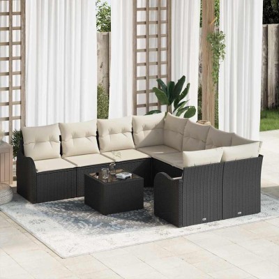 Conjunto de sofá de jardín 9 pcs Negro y crema 55 x 55 x 37 cm