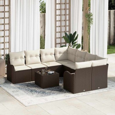 Conjunto de sofá de jardín 9 pcs Marrón y crema 55 x 55 x 37 cm