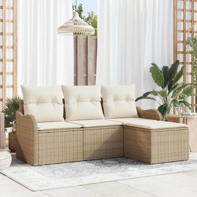 Conjunto de sofá de jardín con cojín 4 pcs Beige Poliratán