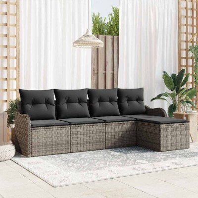 Conjunto de sofá de jardín con cojín 5 pcs Gris Poliratán