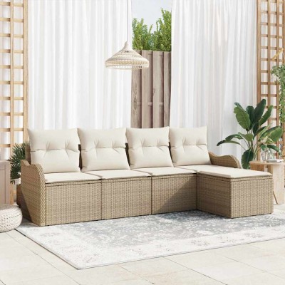 Conjunto de sofá de jardín con cojín 5 pcs Beige Poliratán