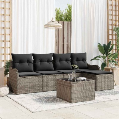 Conjunto de sofá de jardín con cojín 6 pcs Negro Poliratán