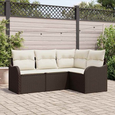 Conjunto de sofá de jardín con cojín 4 pcs Marrón Poliratán