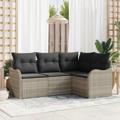 Conjunto de sofá de jardín con cojín 4 pcs Gris Claro Poliratán