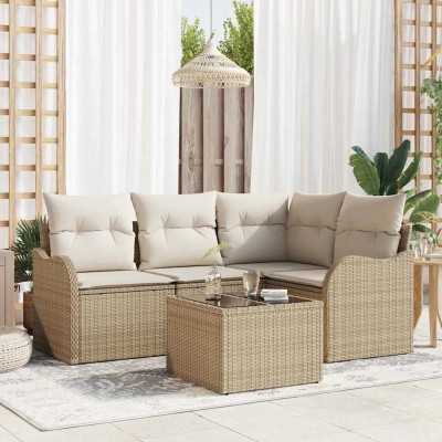 Conjunto de sofá de jardín con cojín 5 pcs Marrón Poliratán