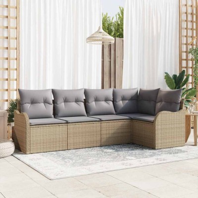 Conjunto de sofá de jardín con cojín 5 pcs Beige Poliratán