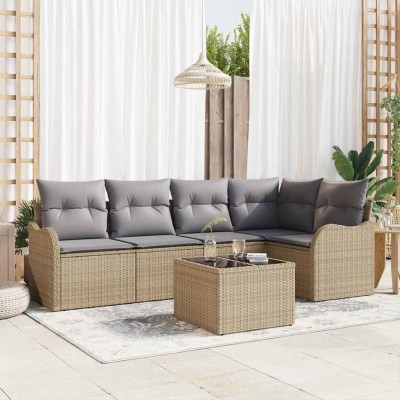 Conjunto de sofá de jardín con cojín 6 pcs Negro Poliratán