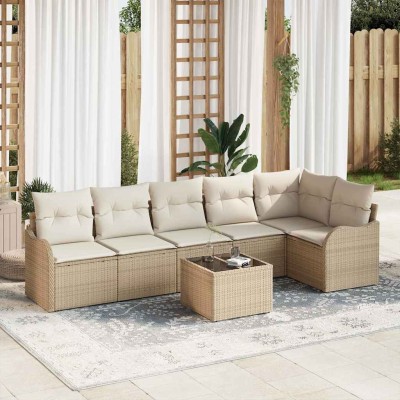 Conjunto de sofá de jardín con cojín 7 pcs Marrón Poliratán