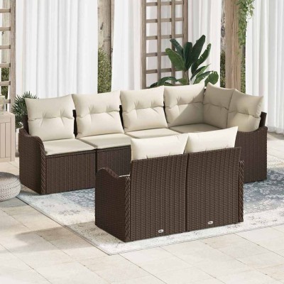 Conjunto de sofá de jardín con cojín 7 pcs Marrón Poliratán