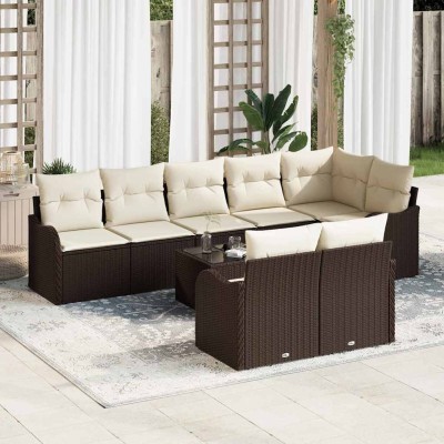 Conjunto de sofá de jardín 9 pcs Marrón y blanco Poliratán
