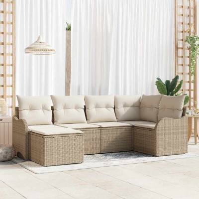 Conjunto de sofá de jardín 6 pcs Beige y blanco Poliratán