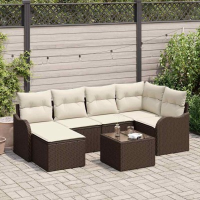 Conjunto de sofá de jardín 7 pcs Marrón y blanco Poliratán
