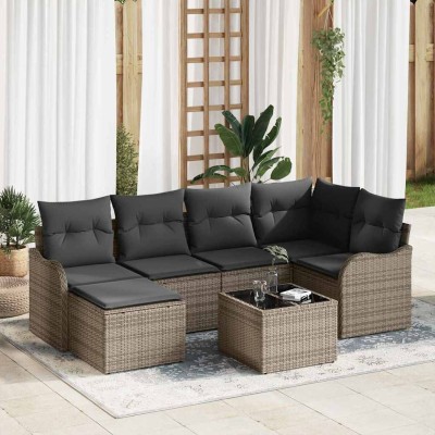 Conjunto de sofá de jardín con cojín 7 pcs Gris Poliratán