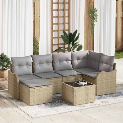Conjunto de sofá de jardín 7 pcs beige y gris claro Poliratán