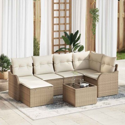 Conjunto de sofá de jardín 7 pcs Beige y blanco Poliratán