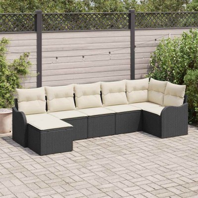 Conjunto de sofá de jardín 7 pcs Negro y blanco Poliratán