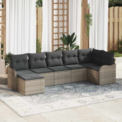 Conjunto de sofá de jardín con cojín 7 pcs Gris Poliratán