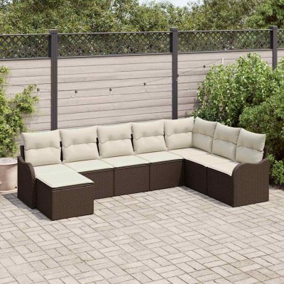 Conjunto de sofá de jardín 8 pcs Marrón y blanco Poliratán