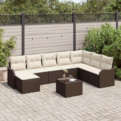 Conjunto de sofá de jardín 9 pcs Marrón y blanco Poliratán