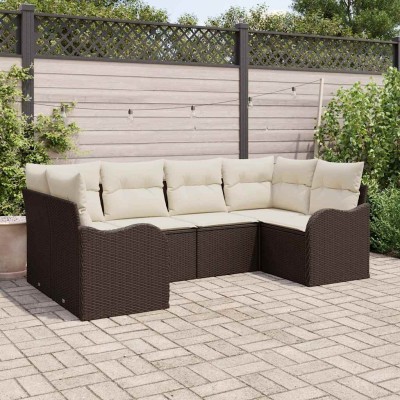 Conjunto de sofá de jardín 6 pcs Marrón y blanco Poliratán
