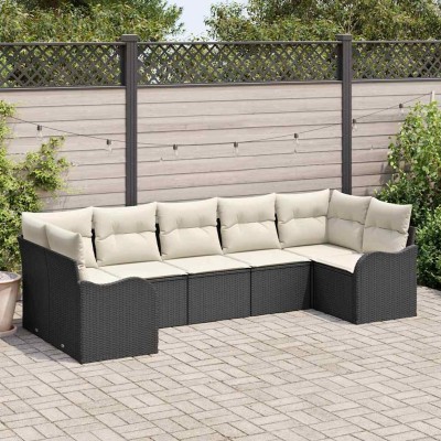 Conjunto de sofá de jardín 7 pcs Negro y blanco Poliratán