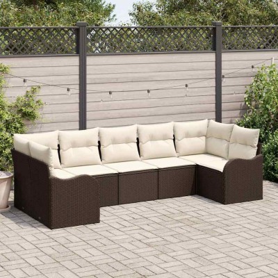 Conjunto de sofá de jardín 7 pcs Marrón y blanco Poliratán