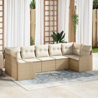 Conjunto de sofá de jardín 7 pcs Beige, blanco Poliratán