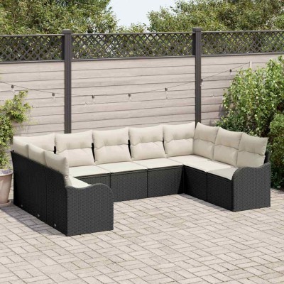 Conjunto de sofá de jardín 9 pcs Negro, blanco Poliratán