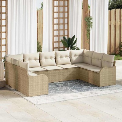 Conjunto de sofá de jardín 9 pcs Beige, blanco Poliratán