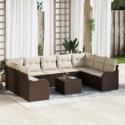 Conjunto de sofá de jardín 10 pcs Marrón y blanco Poliratán