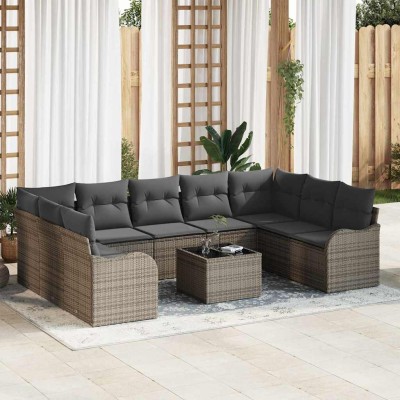 Conjunto de sofá de jardín con cojín 10 pcs Gris Poliratán