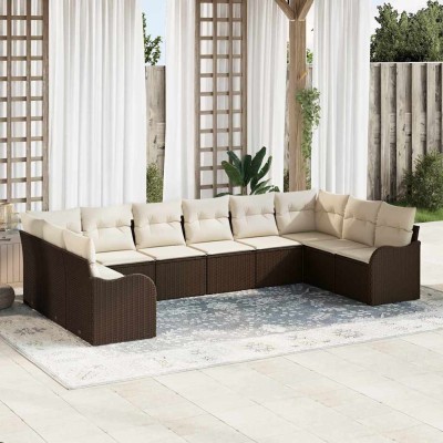 Conjunto de sofá de jardín 10 pcs Marrón y blanco Poliratán