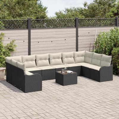 Conjunto de sofá de jardín 11 pcs Negro y blanco Poliratán