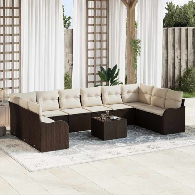 Conjunto de sofá de jardín 11 pcs Marrón y blanco Poliratán
