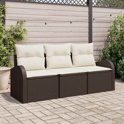Conjunto de sofá de jardín 3 pcs Marrón y blanco Poliratán