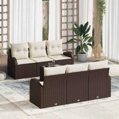 Conjunto de sofá de jardín 7 pcs Marrón y crema 55 x 55 x 37 cm