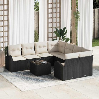 Conjunto de sofá de jardín 9 pcs Negro y crema 55 x 55 x 37 cm