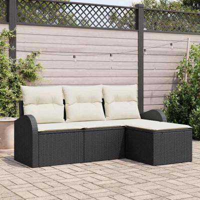Conjunto de sofá de jardín 4 pcs Negro y blanco Poliratán