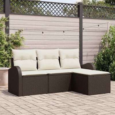Conjunto de sofá de jardín 4 pcs Marrón y blanco Poliratán