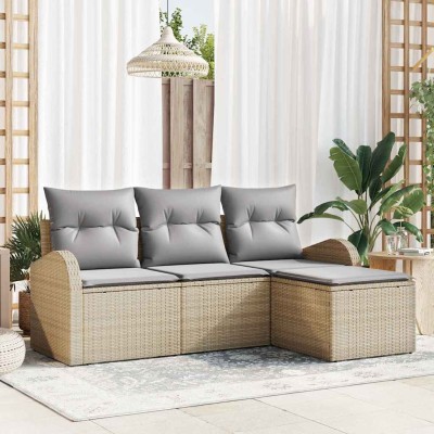 Conjunto de sofá de jardín 4 pcs beige y gris claro Poliratán