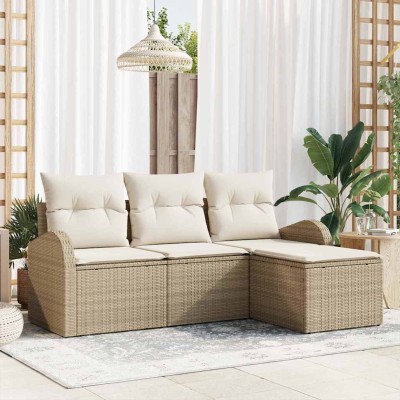 Conjunto de sofá de jardín 4 pcs Beige y blanco Poliratán